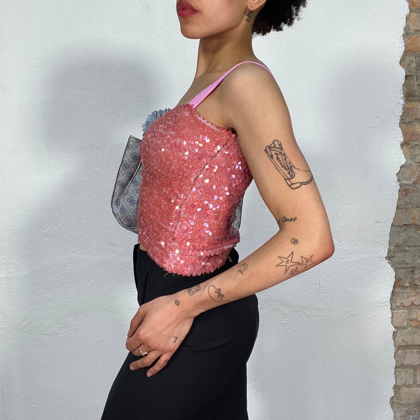 Vintage 2000's Festival Peach Sequin Top with Pink Thick Straps (S)