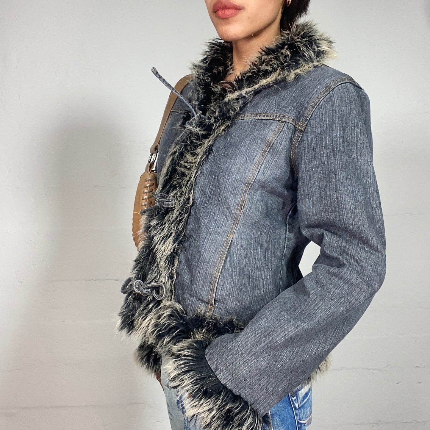 Vintage 2000's Bratz Denim Short Afghan Coat with Black Fur Collar and Sleeve Details (S)