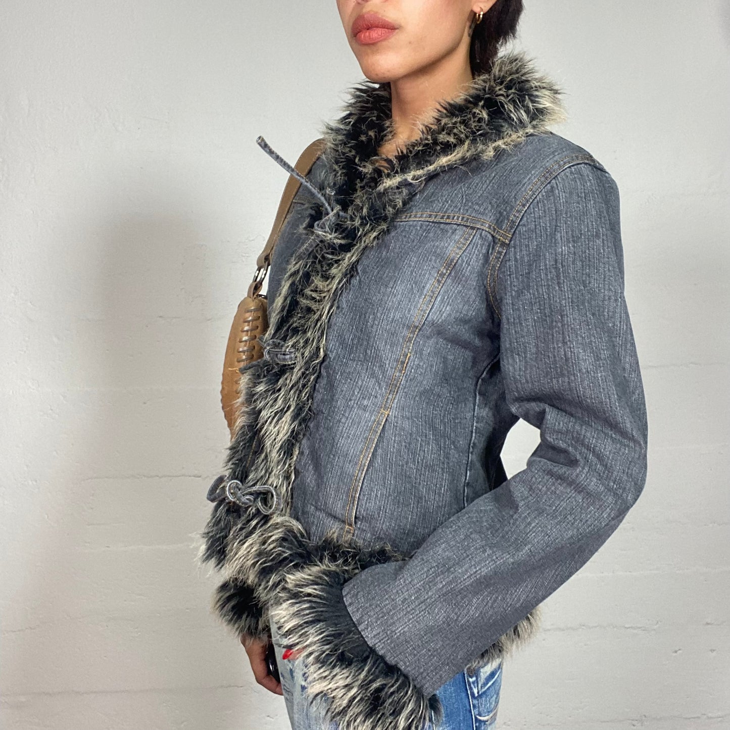 Vintage 2000's Bratz Denim Short Afghan Coat with Black Fur Collar and Sleeve Details (S)