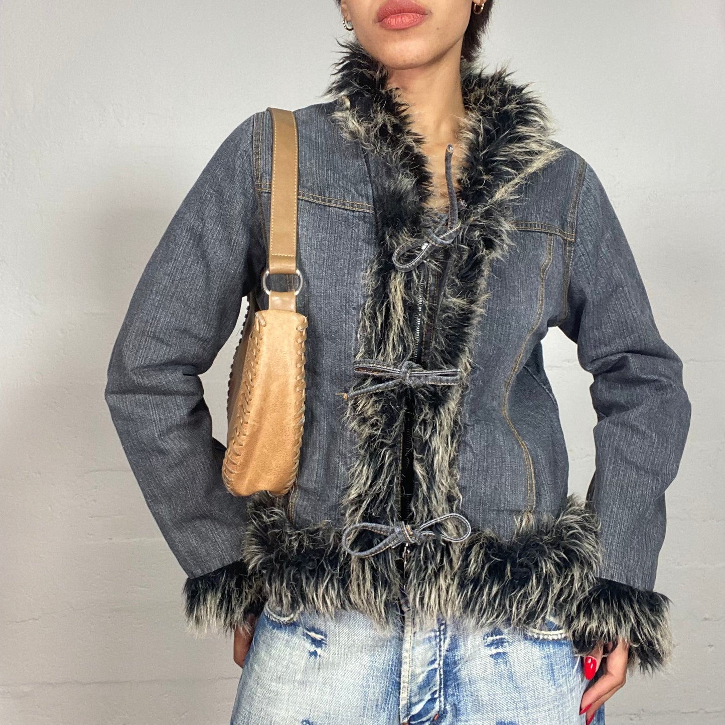 Vintage 2000's Bratz Denim Short Afghan Coat with Black Fur Collar and Sleeve Details (S)