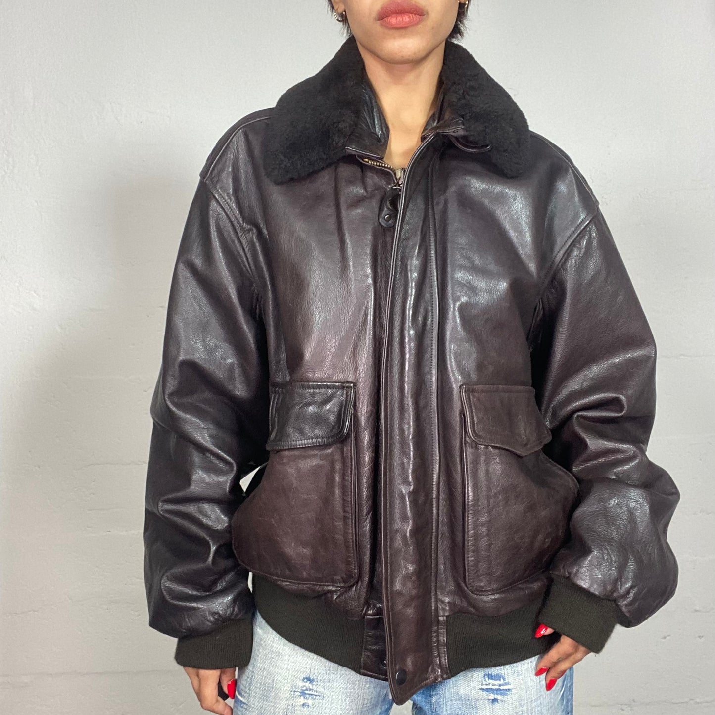 Vintage 2000's Downtown Girl Brown Short Leather Biker Coat with Oversized Fit and Fur Collar(L)