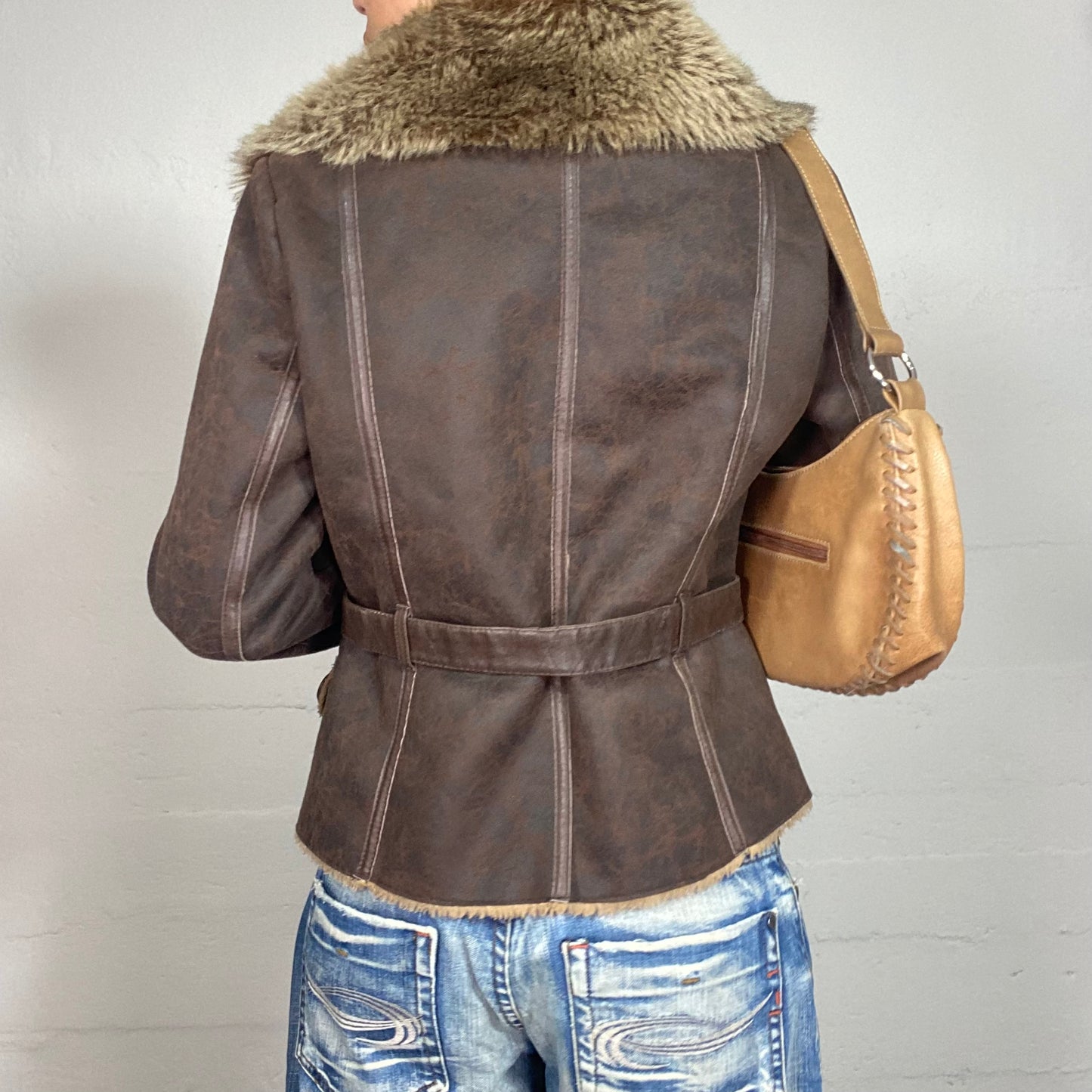 Vintage 2000's Bratz Brown Short Leather Afghan Jacket with Fur Collar and Sleeve Details (S)