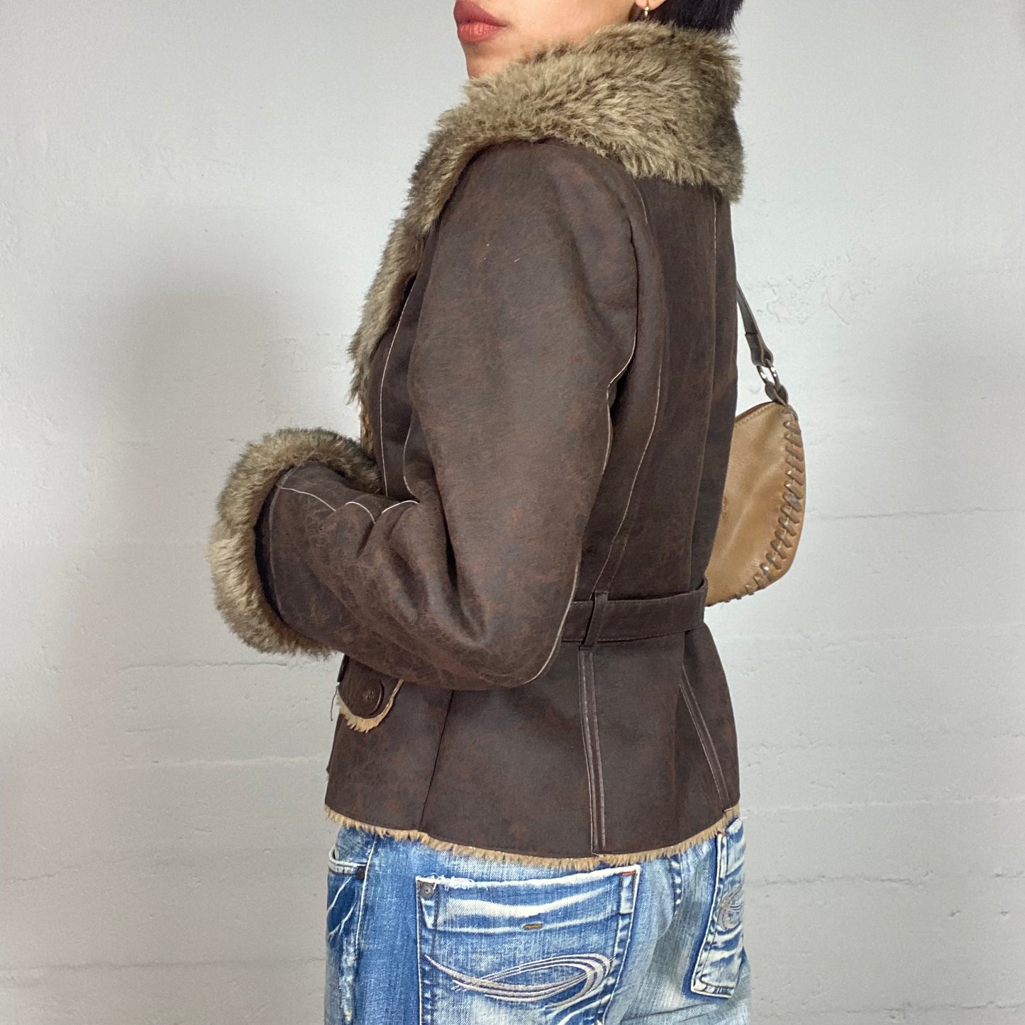 Vintage 2000's Bratz Brown Short Leather Afghan Jacket with Fur Collar and Sleeve Details (S)