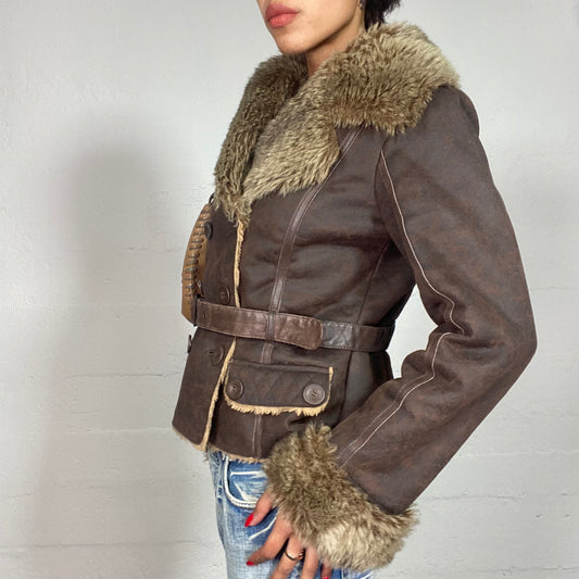 Vintage 2000's Bratz Brown Short Leather Afghan Jacket with Fur Collar and Sleeve Details (S)