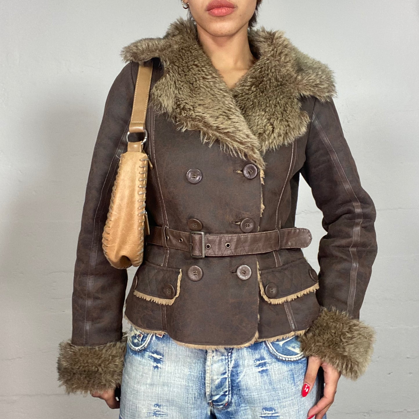 Vintage 2000's Bratz Brown Short Leather Afghan Jacket with Fur Collar and Sleeve Details (S)