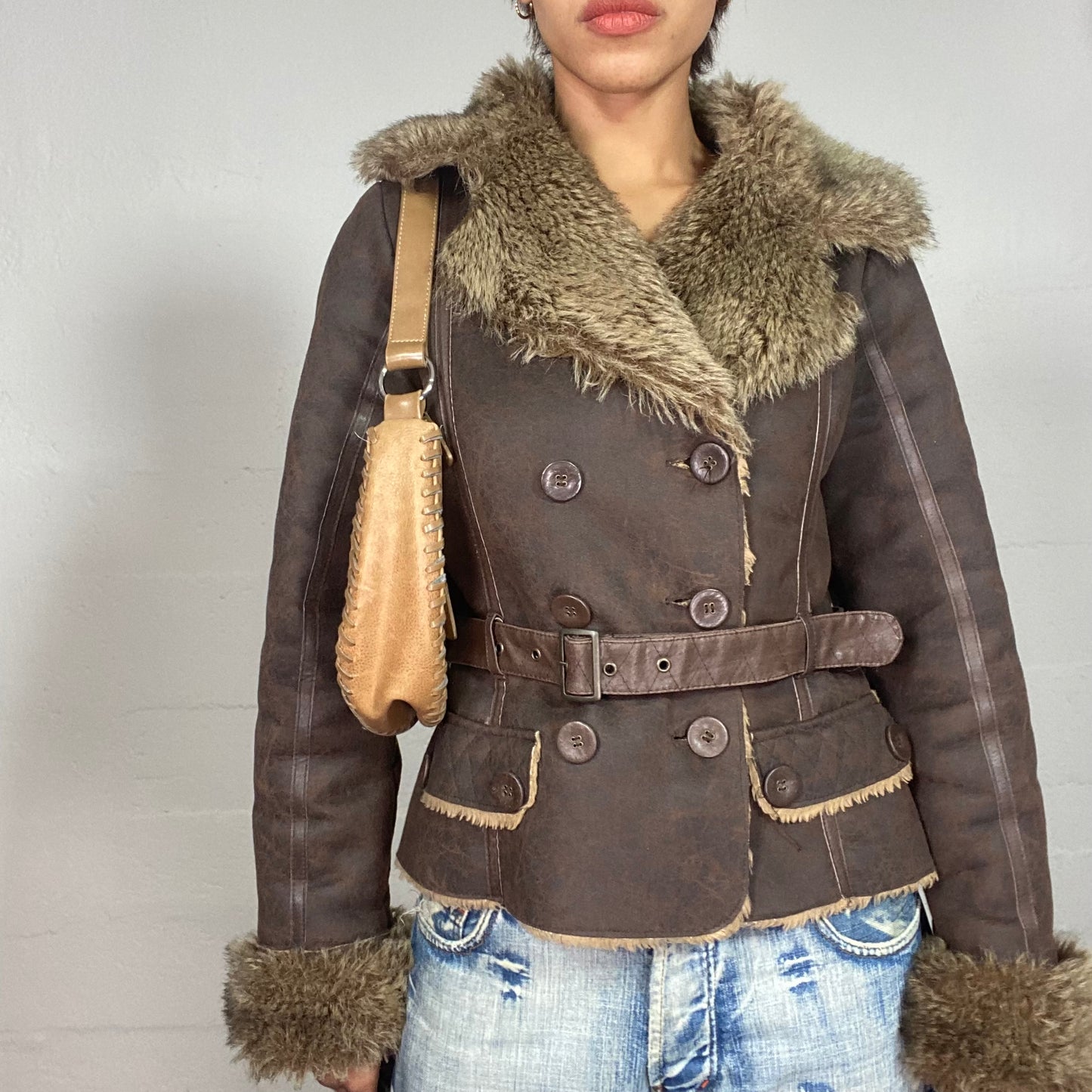 Vintage 2000's Bratz Brown Short Leather Afghan Jacket with Fur Collar and Sleeve Details (S)