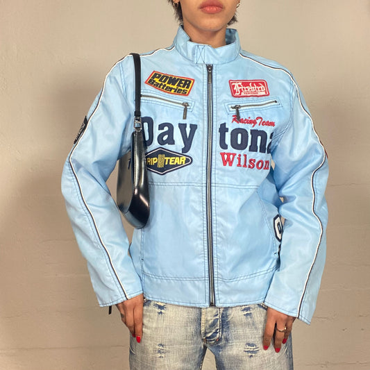 Vintage 2000's Sporty Girl Blue Short Daytona Racer Jacket with Patches (M)