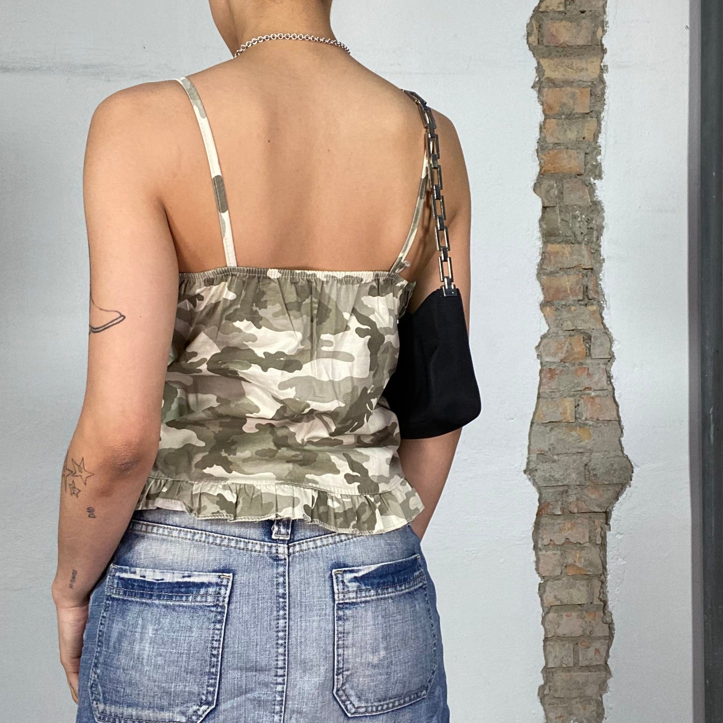 Vintage 90's Downtown Girl Khaki Camo To with Ruffle Trim (S)