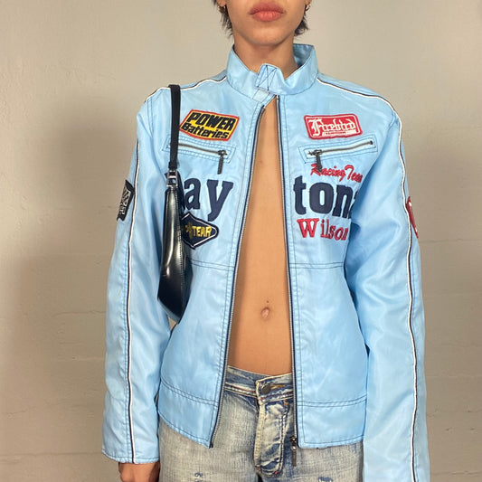 Vintage 2000's Sporty Girl Blue Short Daytona Racer Jacket with Patches (M)