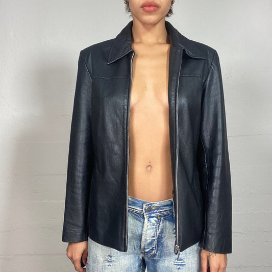 Vintage 90's Model off Duty Black Short Leather Coat with Straight Cut (M)