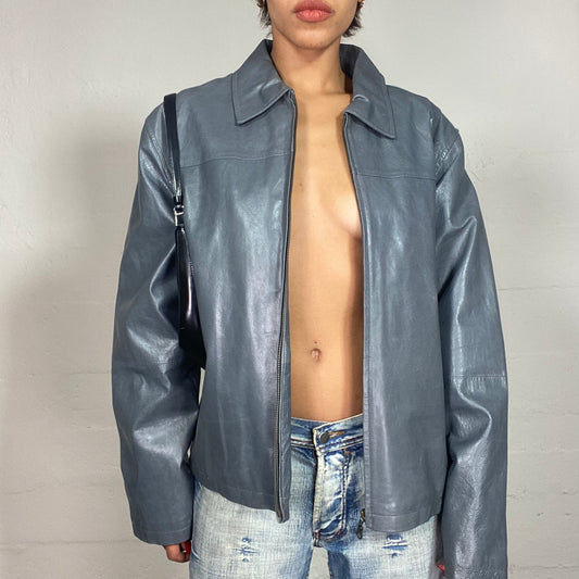 Vintage 2000's Downtown Girl Grey Short Leather Biker Jacket with Oversized Fit (L)