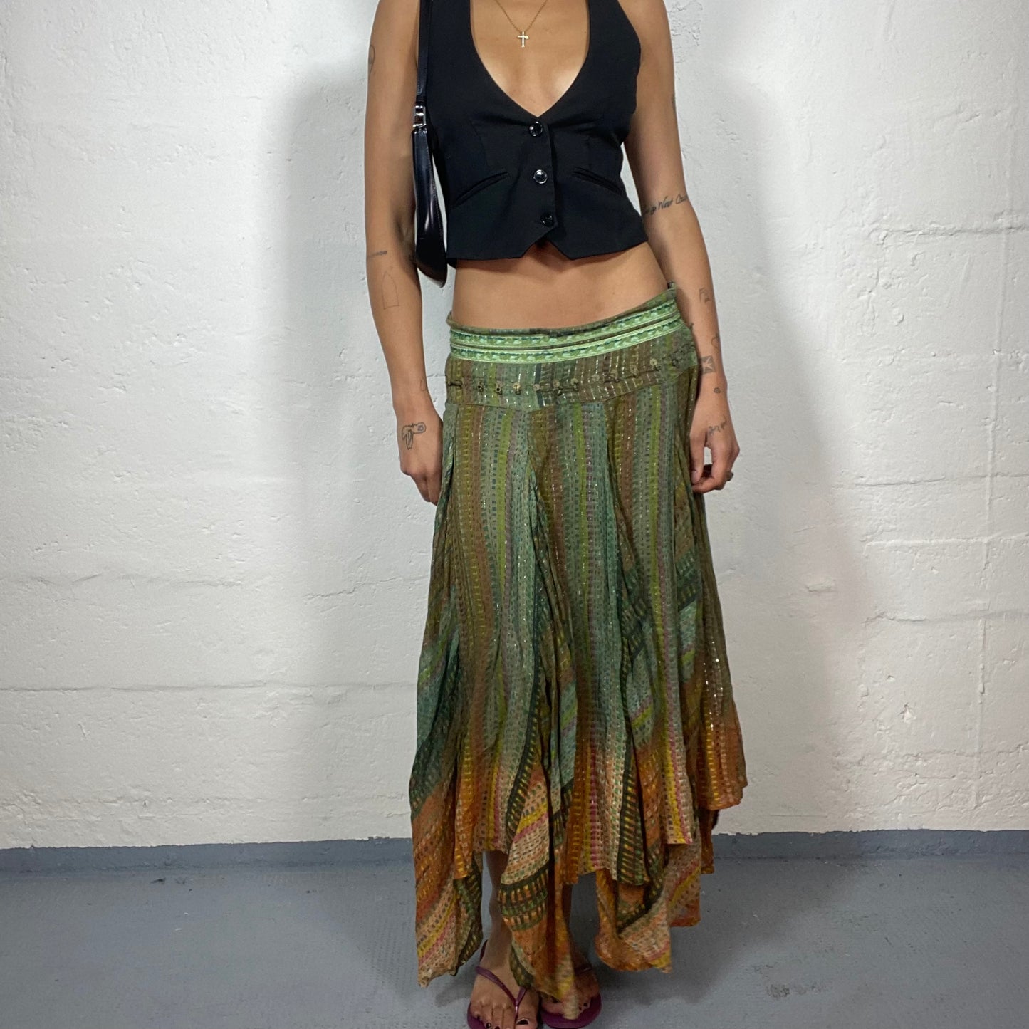 Vintage 90's Hippie Green and Orange Maxi Skirt with Asymmetrical hem and Beaded Waist Detail (S/M)