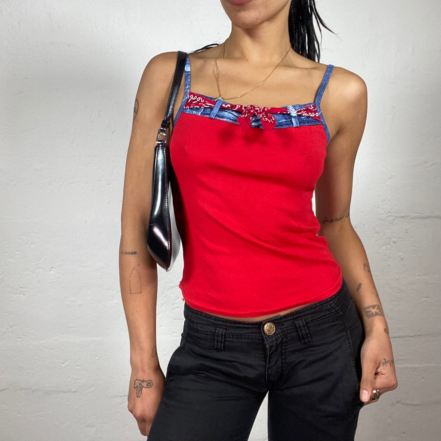 Vintage 2000's Downtown Girl Red Top with Bandana and Denim Print Trim Details (M)