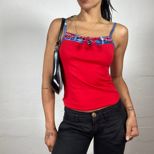 Vintage 2000's Downtown Girl Red Top with Bandana and Denim Print Trim Details (M)