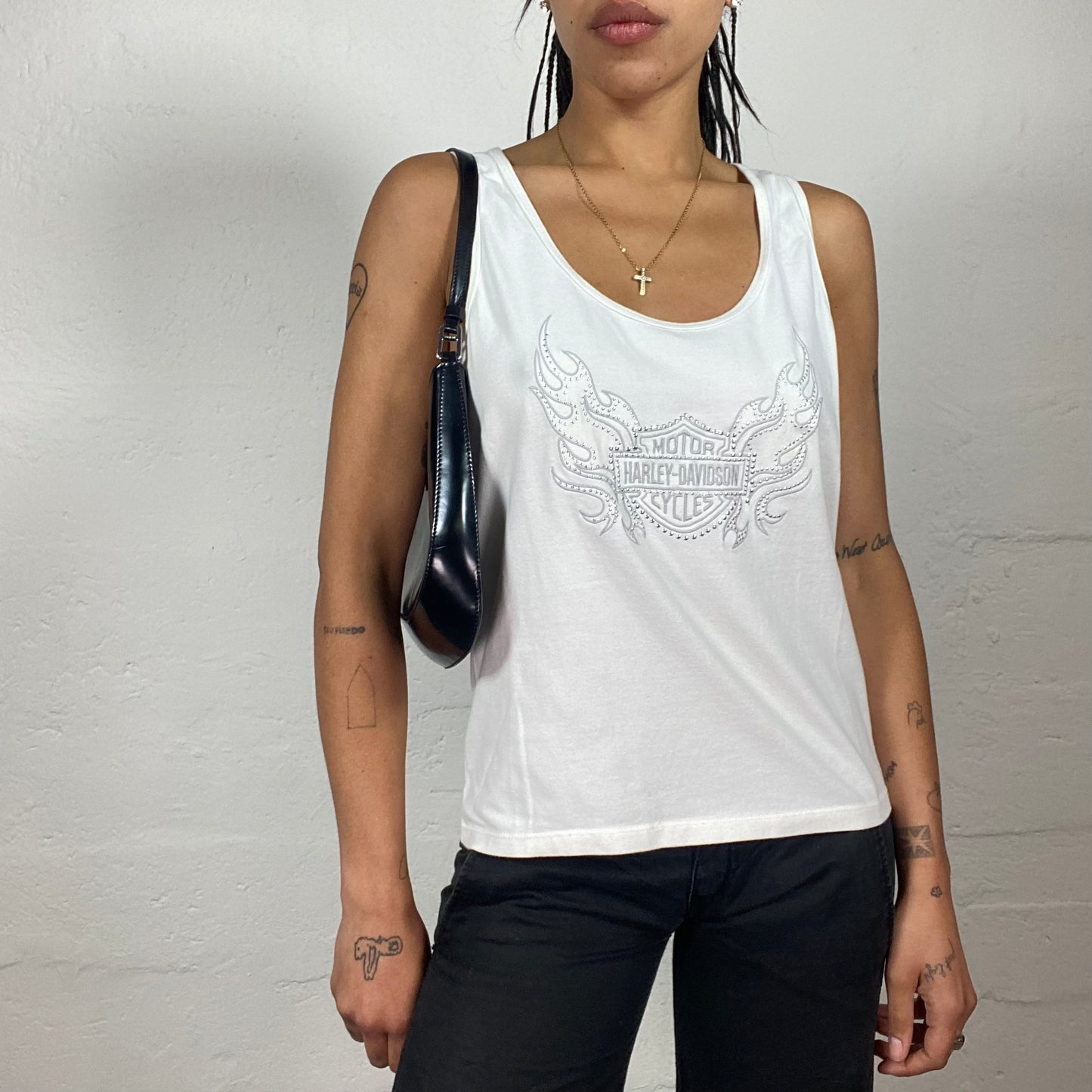 Vintage 2000's Harley Davidson Biker Girl White Tank Top with Rhinestone Logo Print (L)