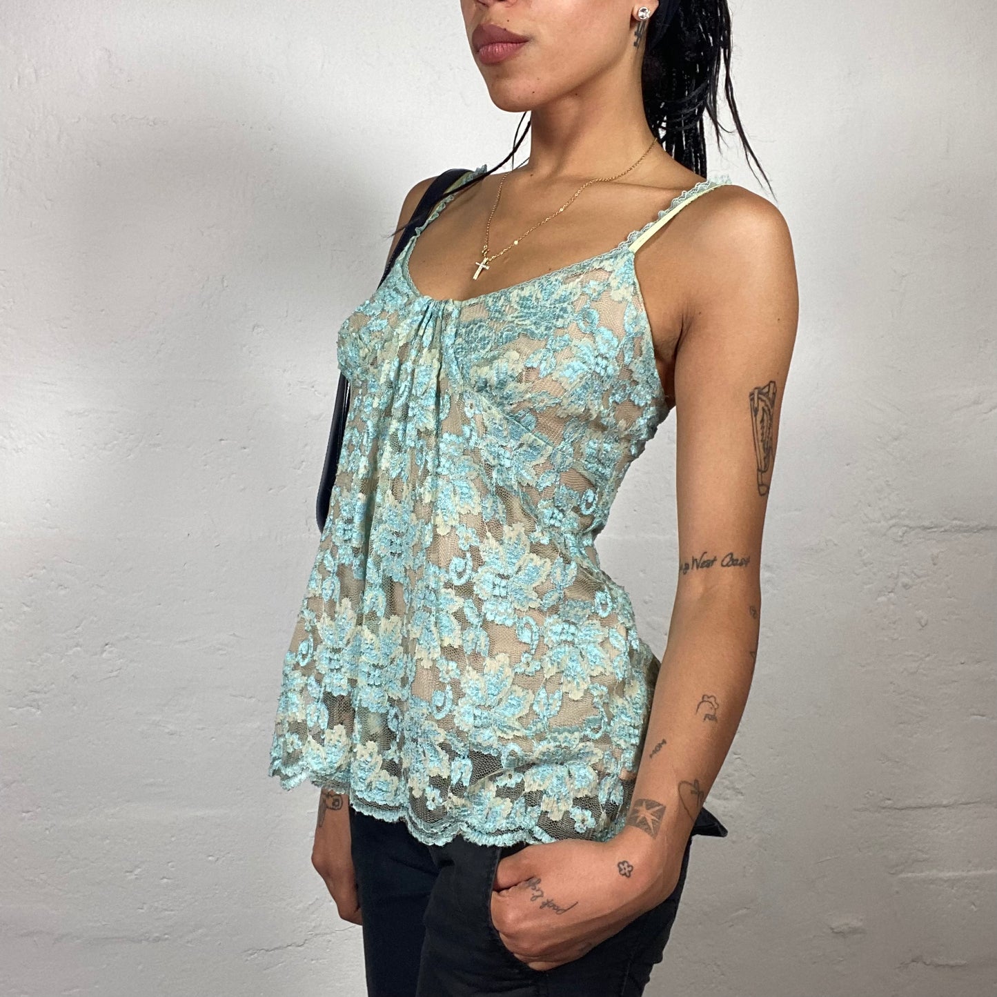 Vintage 2000’s Coquette Turquoise Lace Baby Doll Top with Ruffle Strap Detail (M)