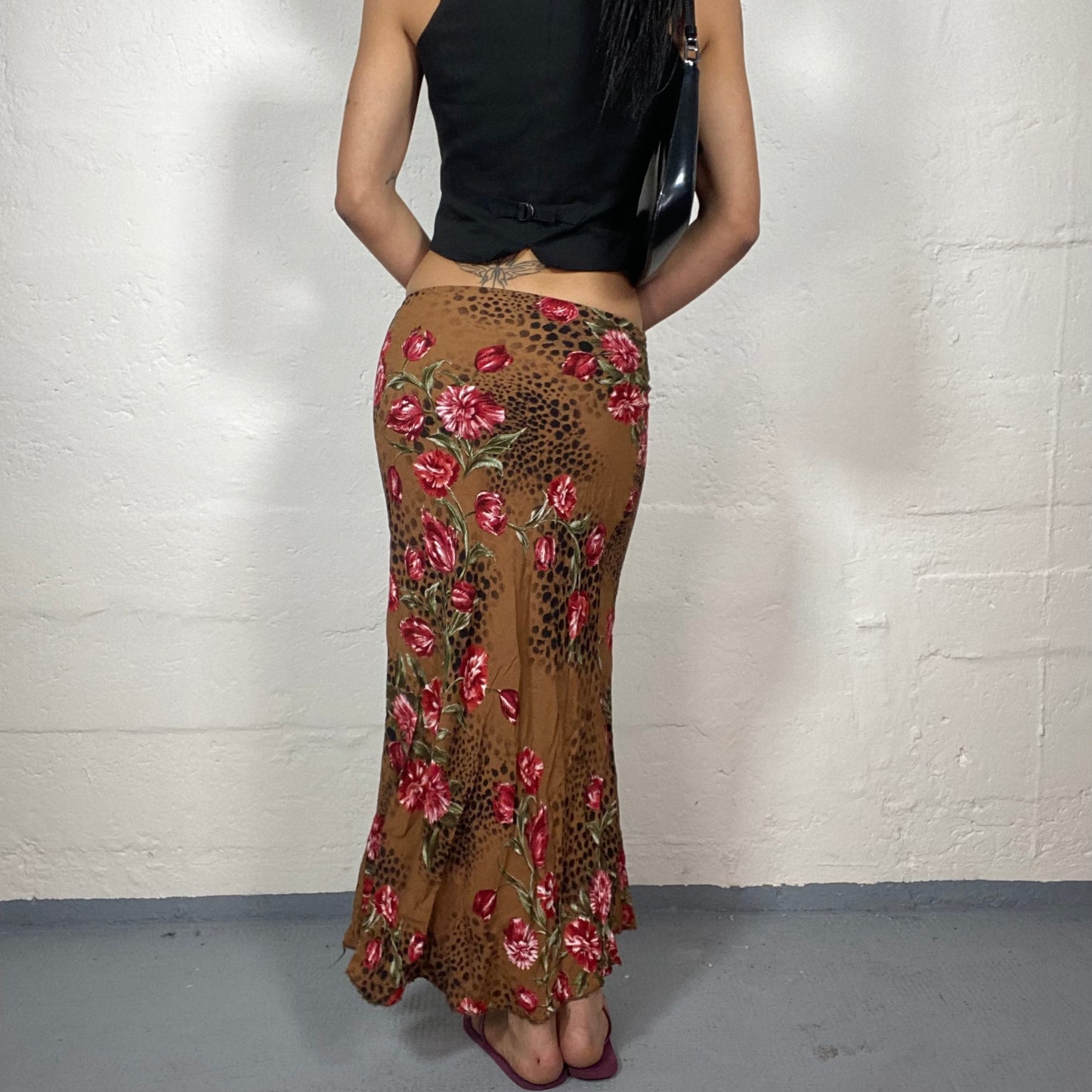 Vintage 2000's Summer Vacy Rusty Orange Maxi Skirt with Floral and Leo Print  (S)