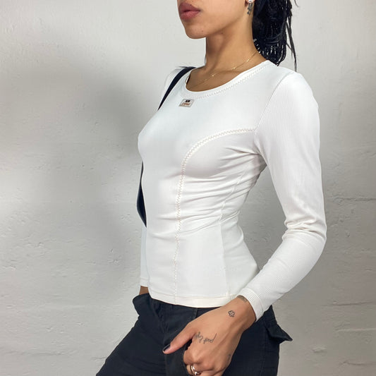 Vintage 2000’s Sporty Girl White Ribbed Longsleeve Top with Contrast Stitching Details (S/M)