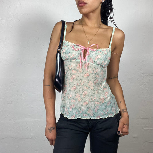 Vintage 2000’s Soft Girl Baby Blue Floral Mesh Cami Top with Pink Ribbon Detail (M)
