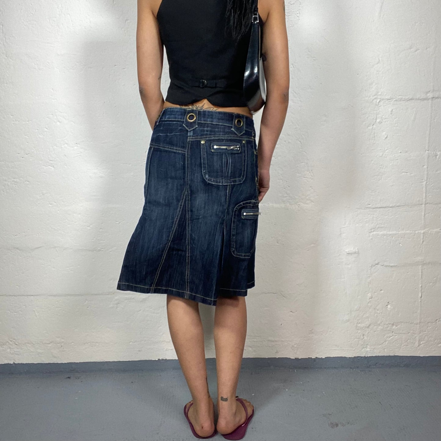 Vintage 2000's Grunge Dark Wash Denim Midi Skirt with Contras Stitching and Eyelet Details (S)