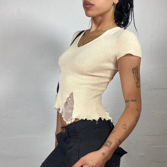Vintage 2000’s Soft Girl Creme Beige Ribbed T-Shirt Top with Mesh Details and Ruffle Trim(S)