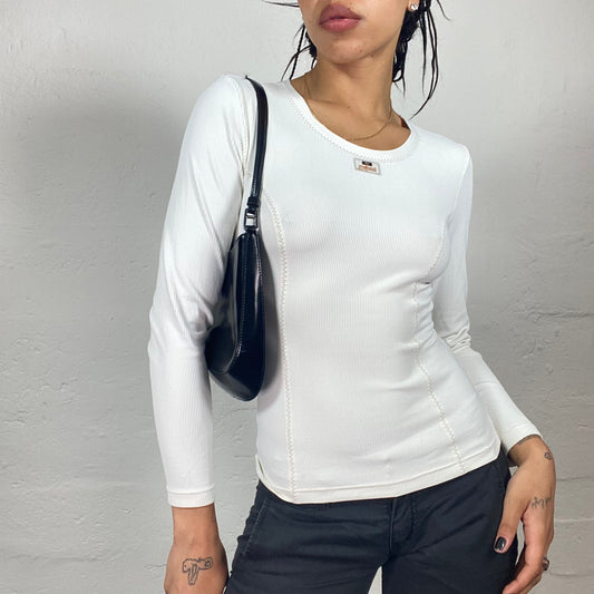 Vintage 2000’s Sporty Girl White Ribbed Longsleeve Top with Contrast Stitching Details (S/M)