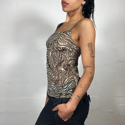 Vintage 2000’s Downtown Girl Brown Zebra Print See Through Chiffon Cami Top (M)