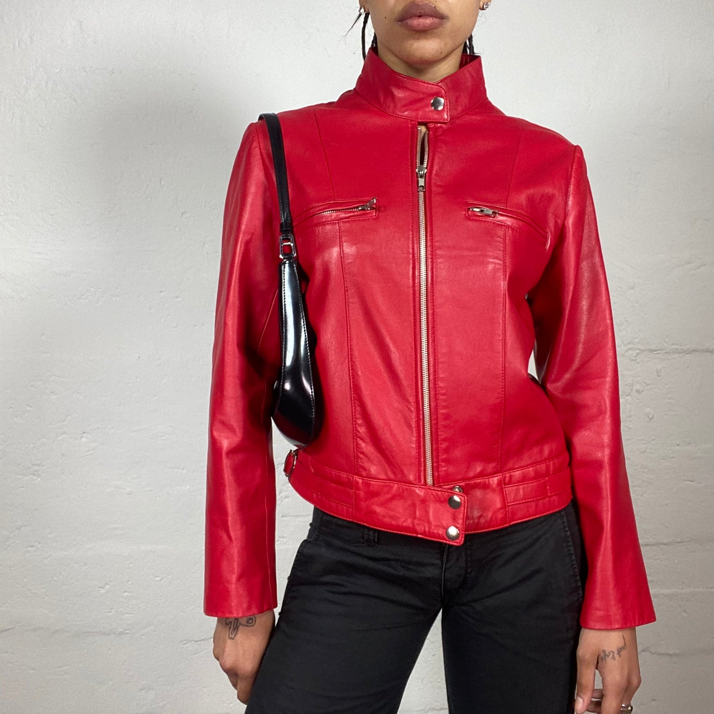 Vintage 2000's Downtown Girl Hot Red Fitted Leather Racer Jacket  (S)