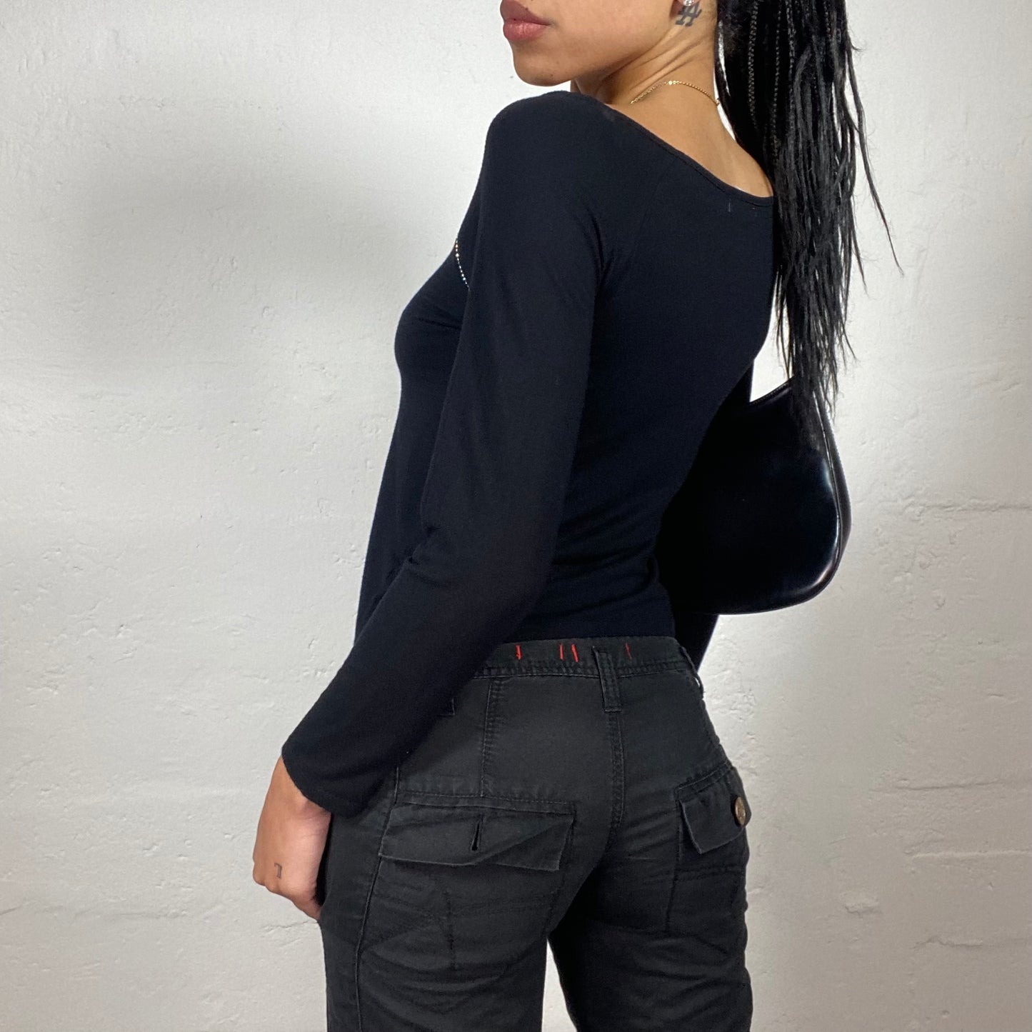 Vintage 2000's Downtown Girl Black 3/4 Sleeve Top with Rhinestone Zipper Shoulder Detail (M)