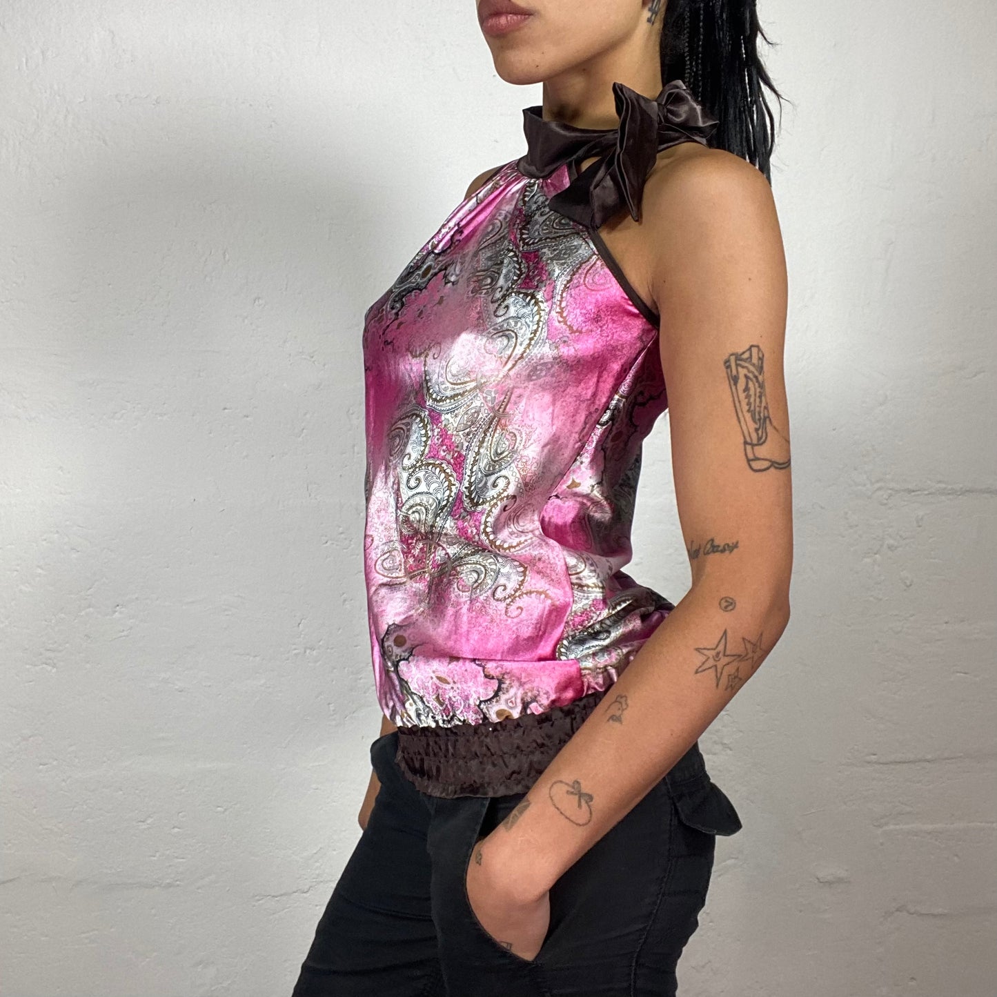 Vintage 2000's Indie Girl Pink and Brown Satin High Neck Top with Faded Paisley Print (S/M)