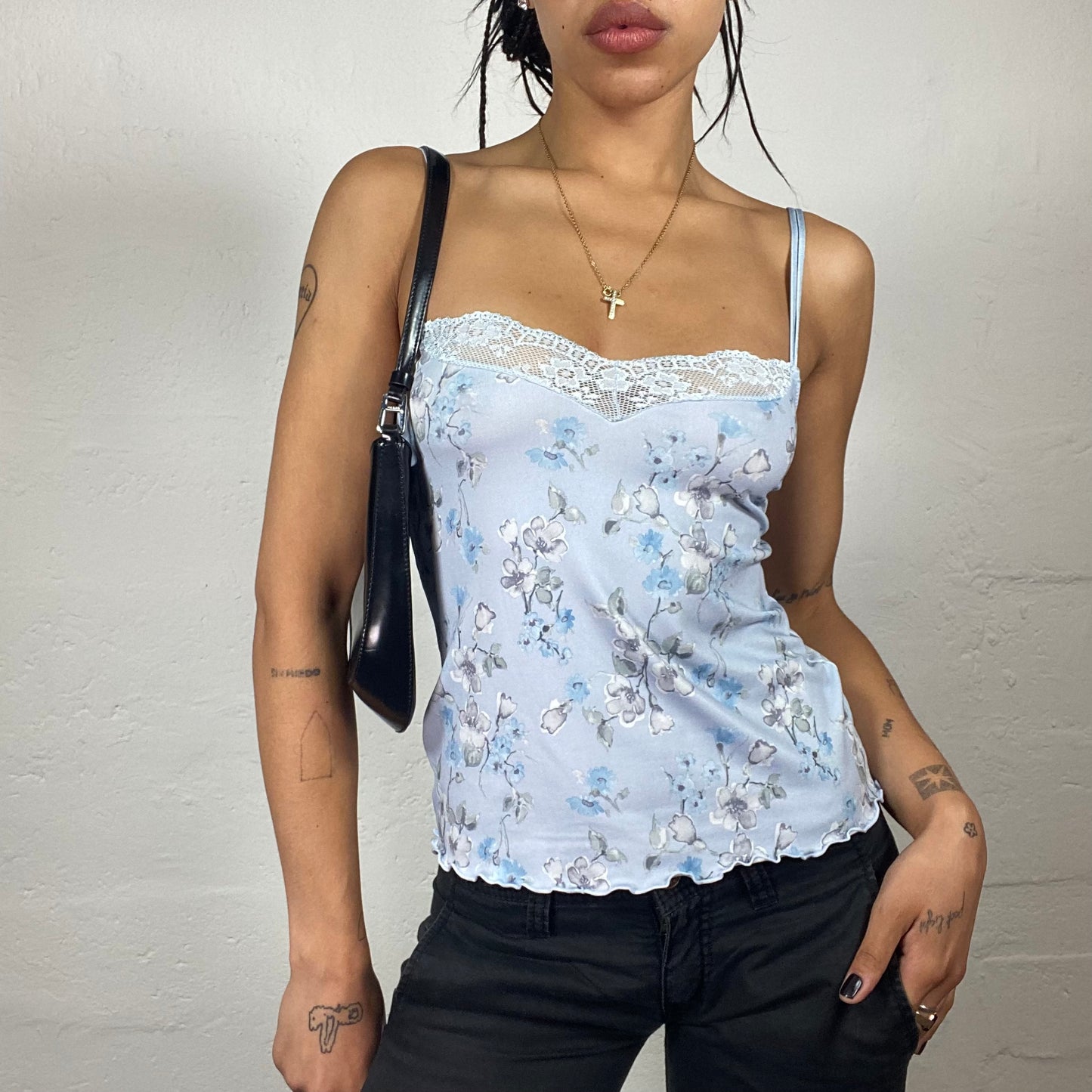 Vintage 90’s Romantic Baby Blue Floral Print Cami Top with Lace Trim Detail  (S)