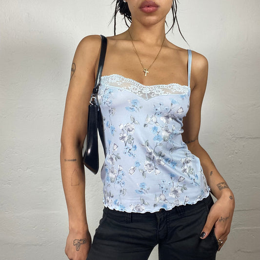 Vintage 90’s Romantic Baby Blue Floral Print Cami Top with Lace Trim Detail (S)