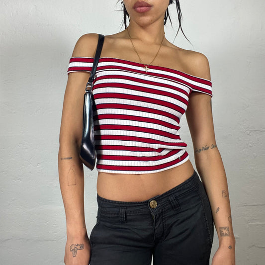 Vintage 2000’s Guess White Blue and Red Striped Off Shoulder Top With Cutout Back Detail (S/M)