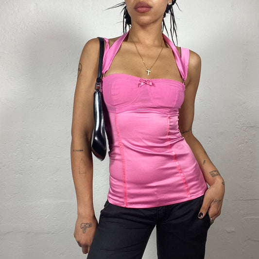 Vintage 2000’s Barbie Pink Corset Style Top with Satin Ribbon Neckholder Detail (S)