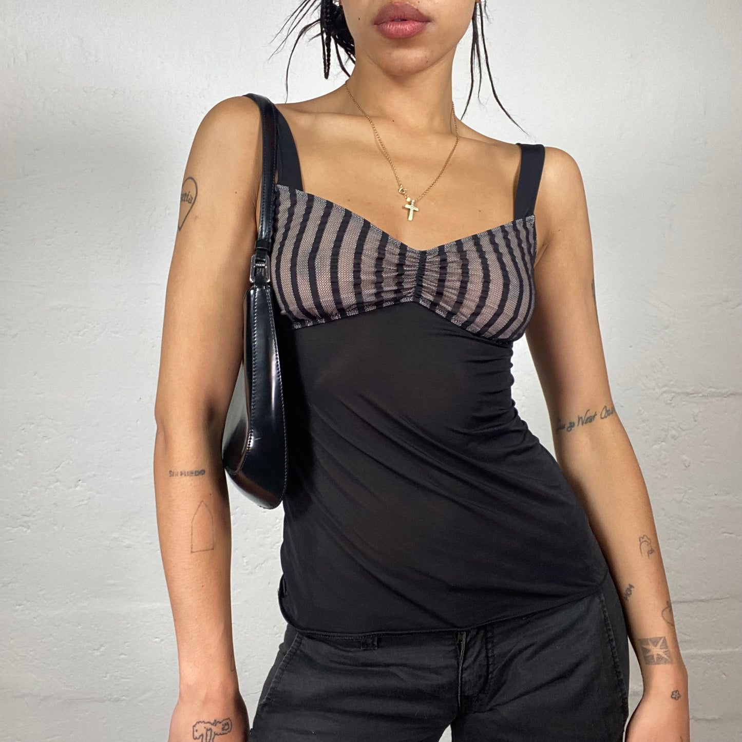 Vintage 2000’s Downtown Girl Black Cami Top with Striped Mesh Bust Detail (S/M)