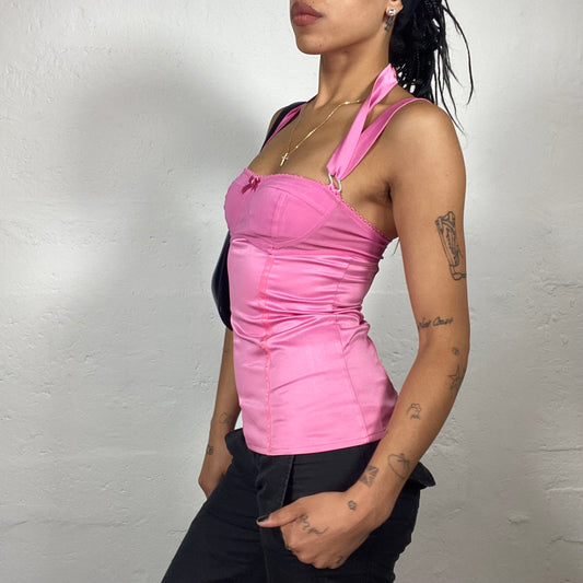Vintage 2000’s Barbie Pink Corset Style Top with Satin Ribbon Neckholder Detail (S)