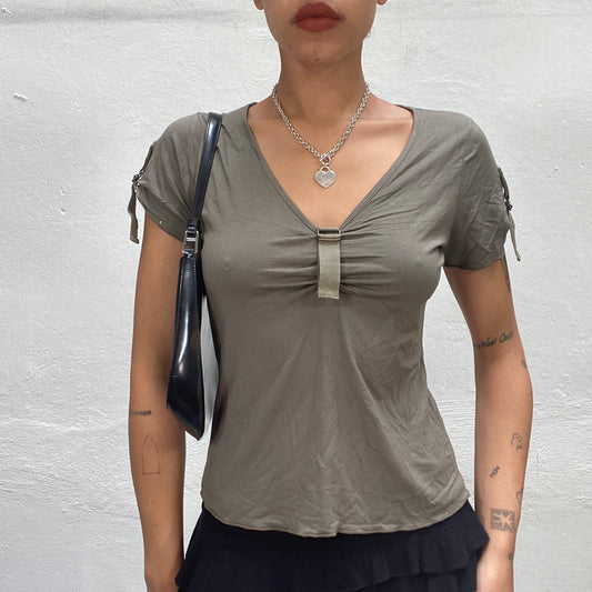 Vintage 90's Grunge Khaki Top with Buckle Detail (M)