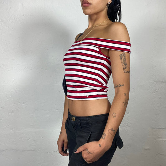 Vintage 2000’s Guess White Blue and Red Striped Off Shoulder Top With Cutout Back Detail (S/M)