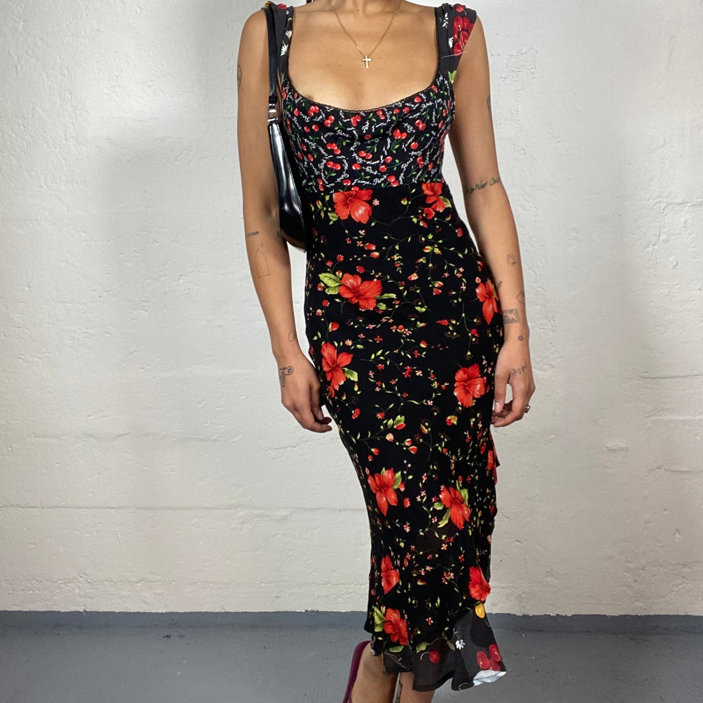 Vintage 2000's Date Night Black Midi Dress with Red Floral and Cherry Print (S)