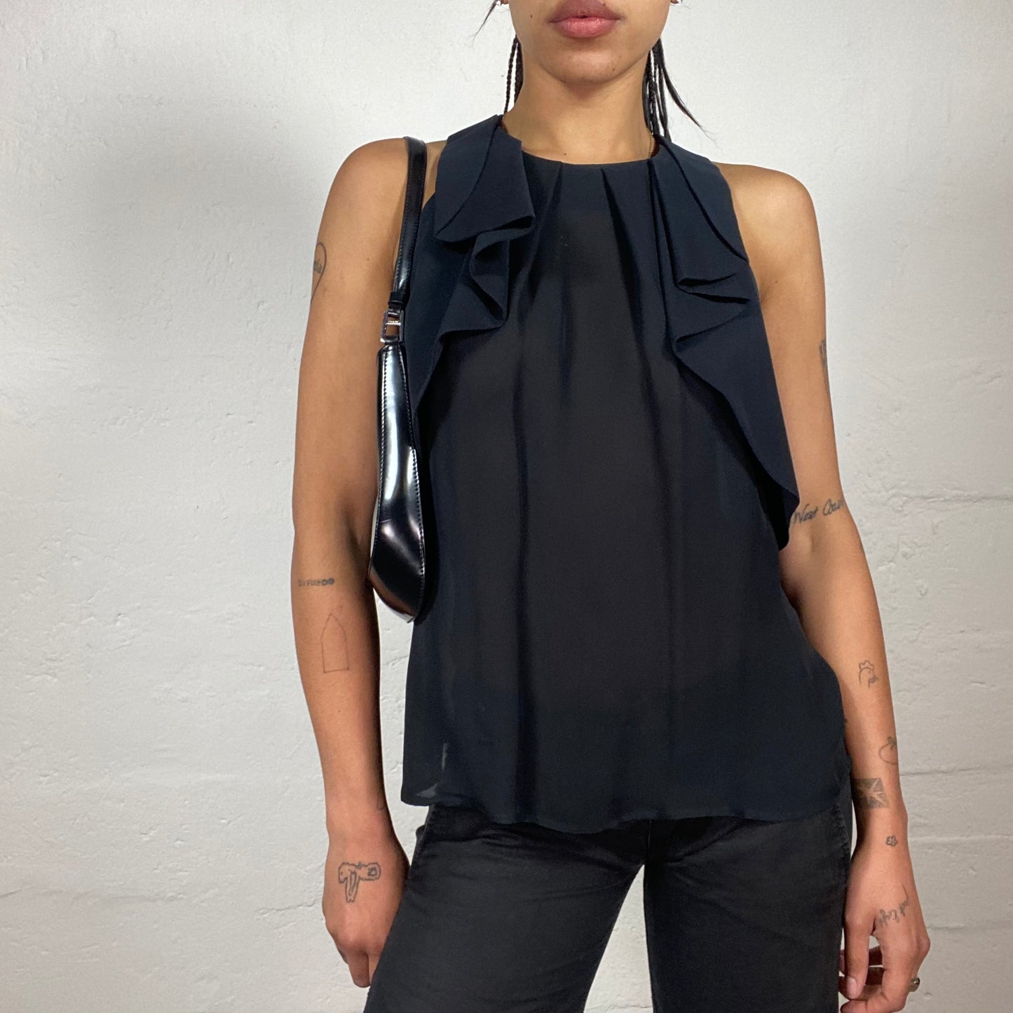 Vintage 2000's Office Girl Black Chiffon Top with Shoulder Ruffle Detail (M)