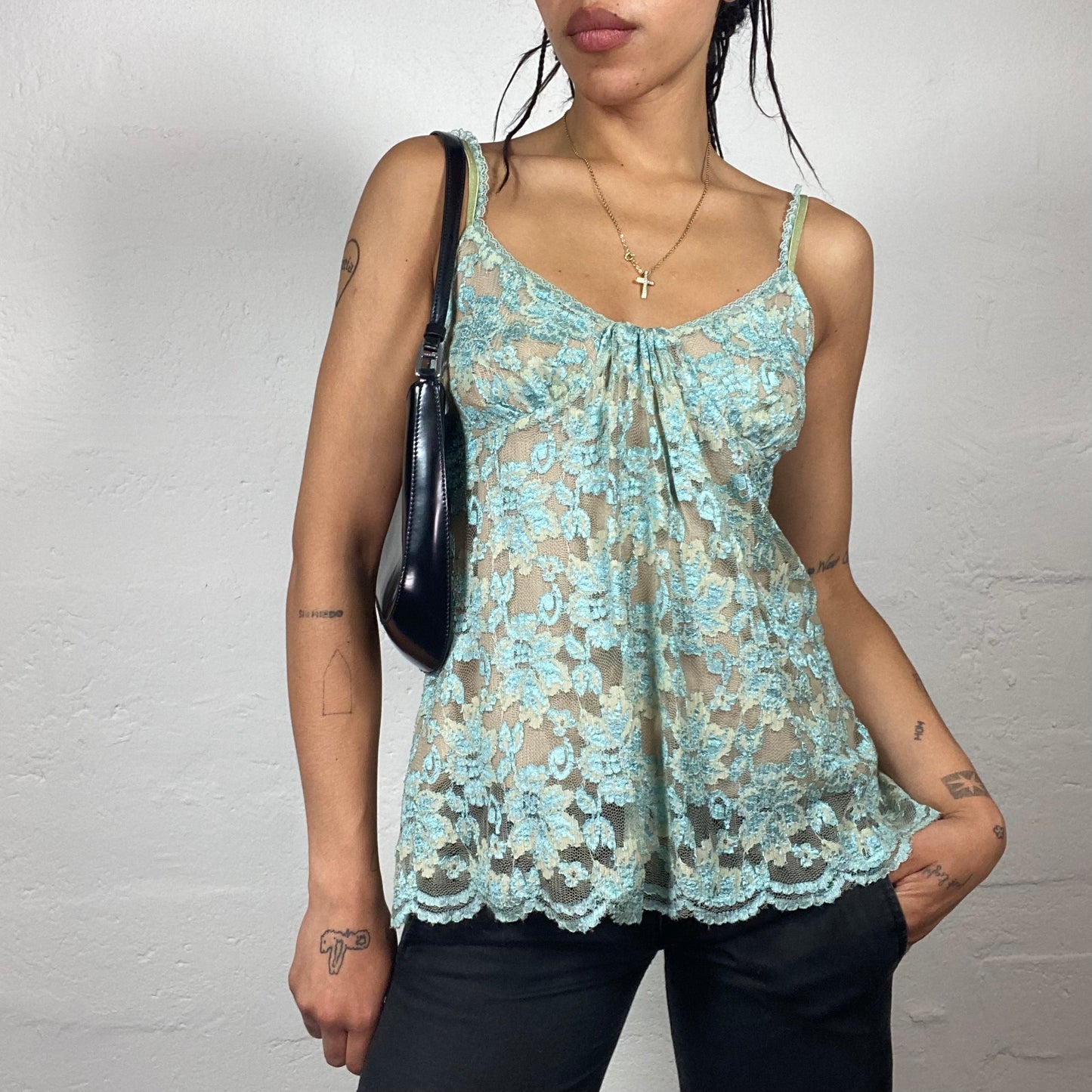 Vintage 2000’s Coquette Turquoise Lace Baby Doll Top with Ruffle Strap Detail (M)