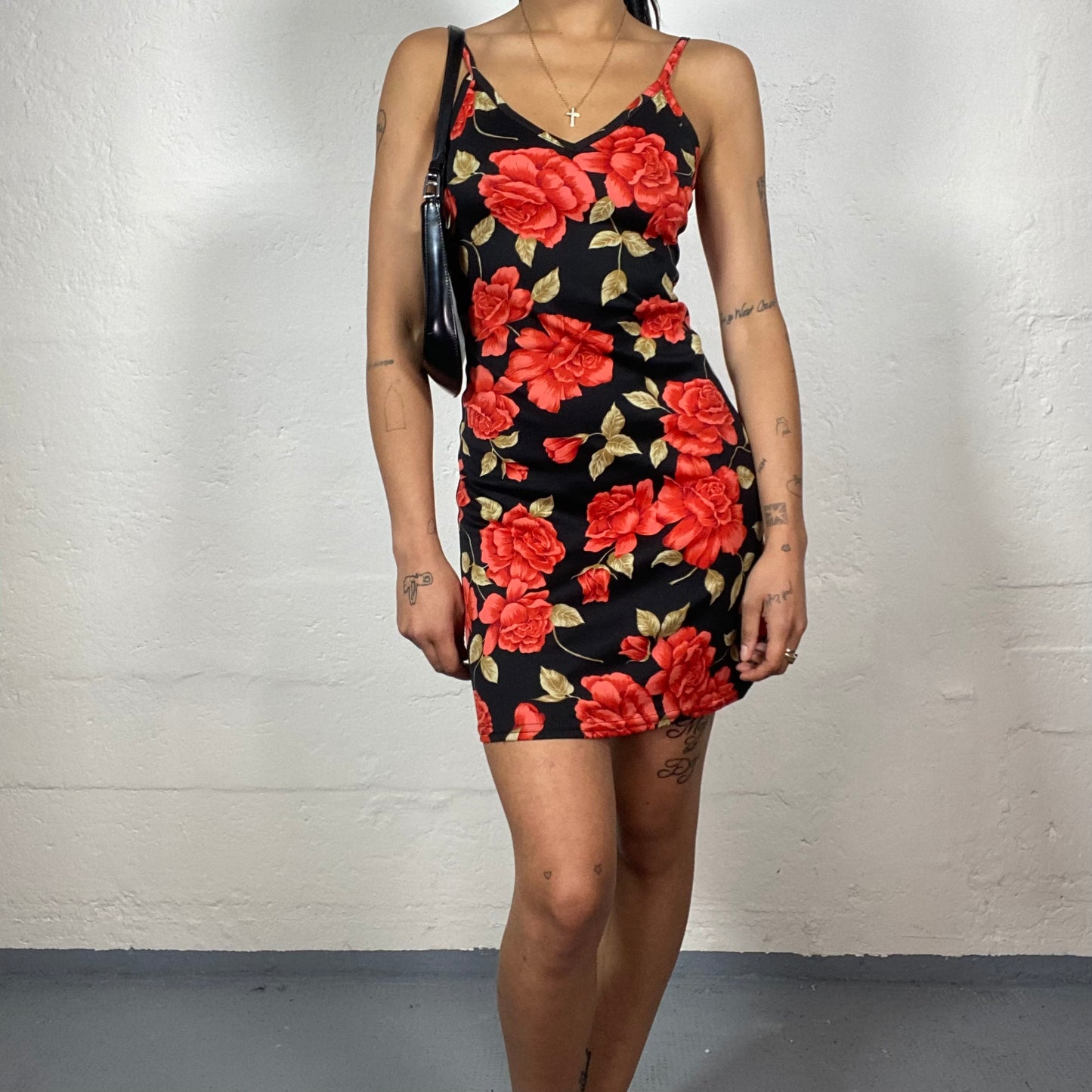 Vintage 2000's Date Night Black Mini Dress with Red Roses Print (S)