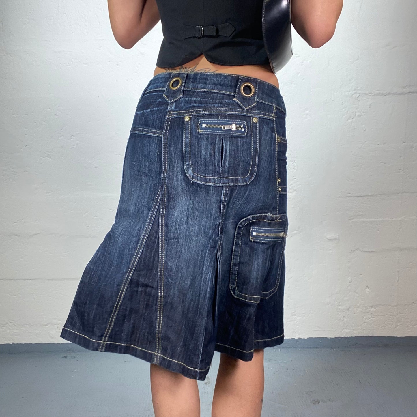 Vintage 2000's Grunge Dark Wash Denim Midi Skirt with Contras Stitching and Eyelet Details (S)