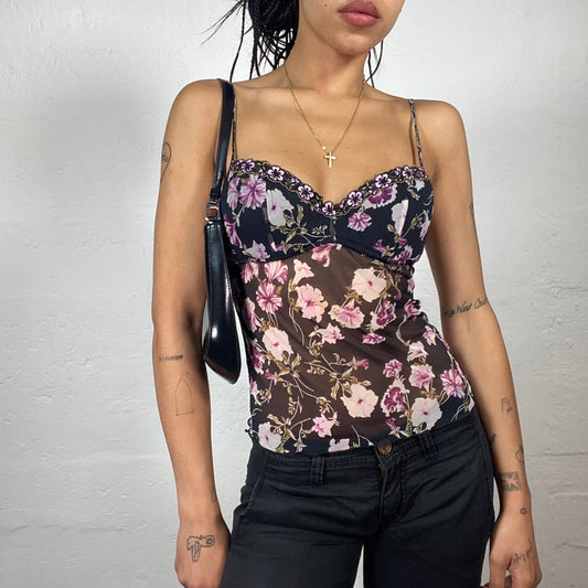 Vintage 2000’s Romantic Black Floral Bustier Cami Top with Flower Embroidery Details (S/M)