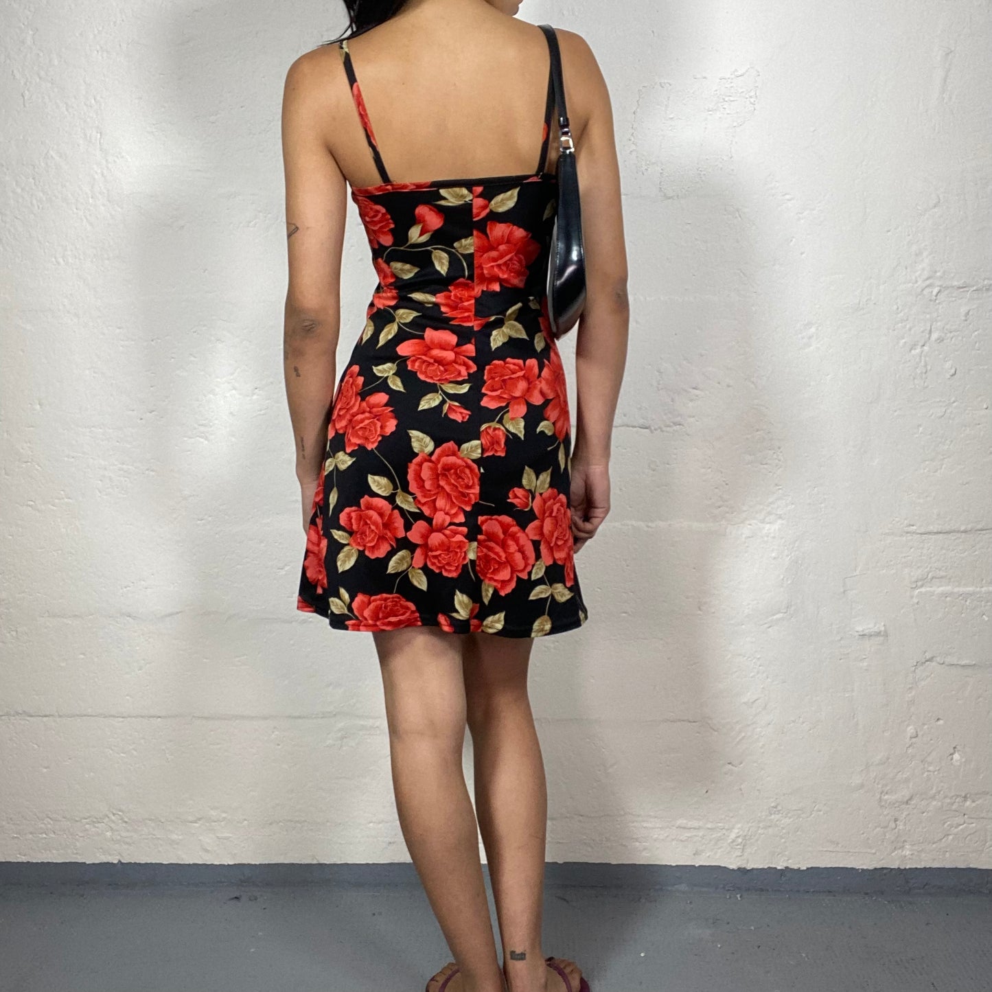 Vintage 2000's Date Night Black Mini Dress with Red Roses Print (S)