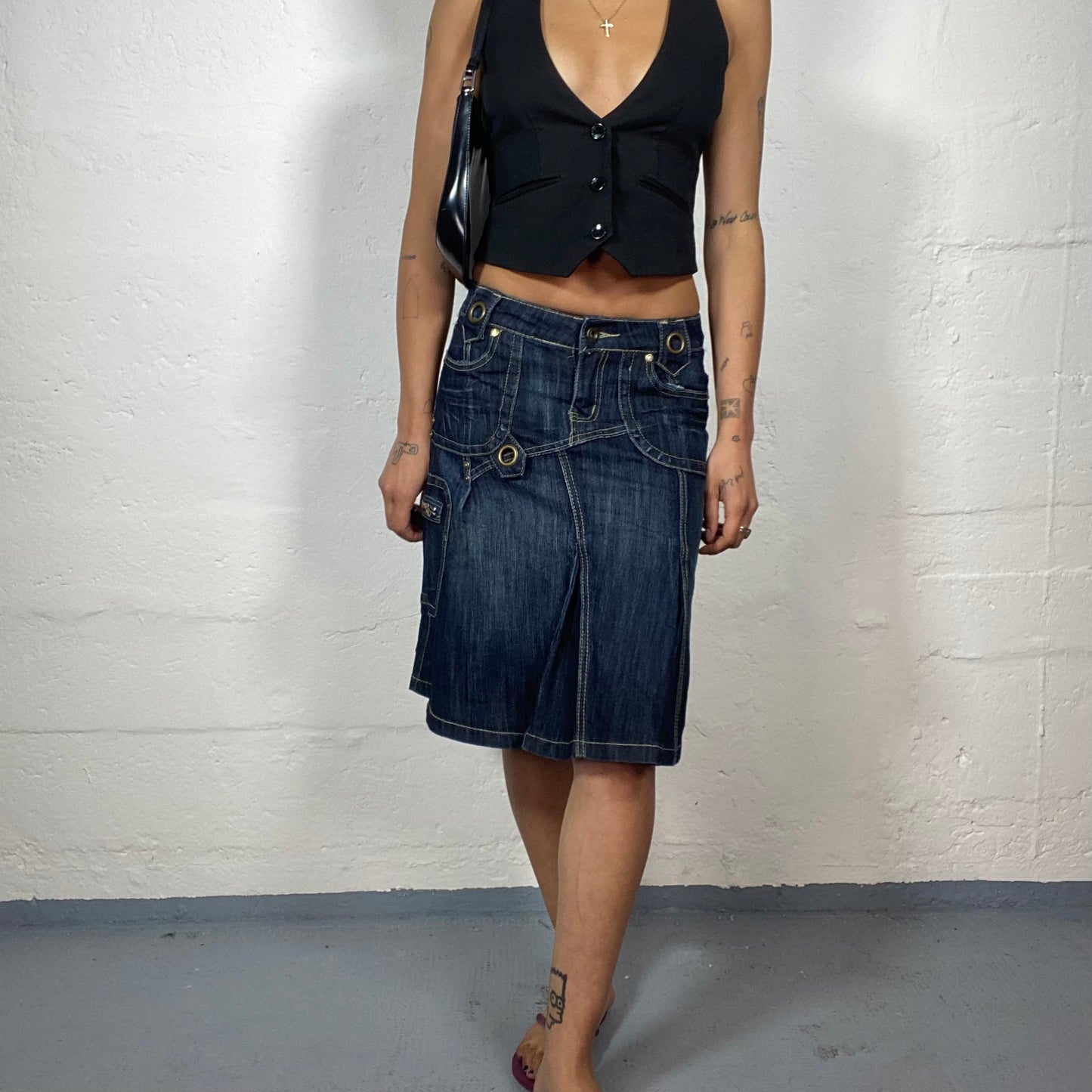 Vintage 2000's Grunge Dark Wash Denim Midi Skirt with Contras Stitching and Eyelet Details (S)