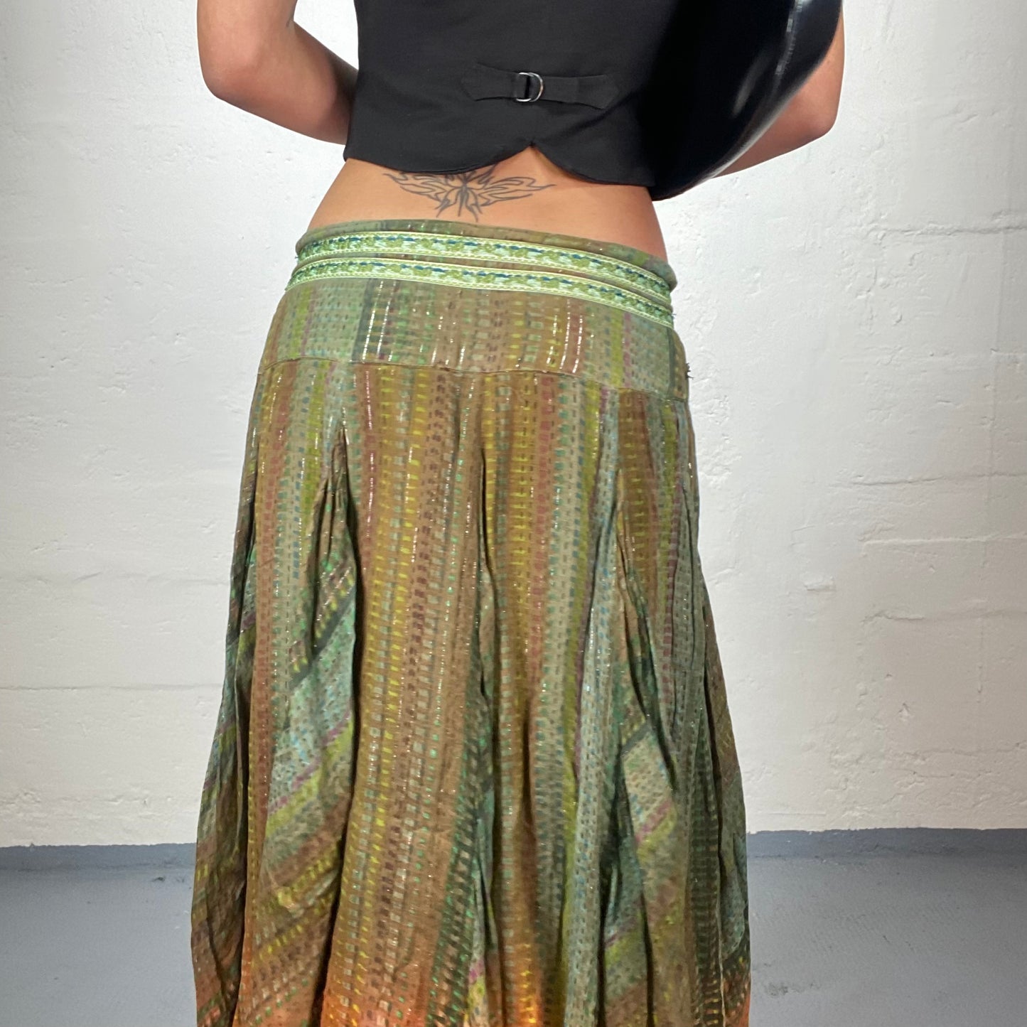 Vintage 90's Hippie Green and Orange Maxi Skirt with Asymmetrical hem and Beaded Waist Detail (S/M)