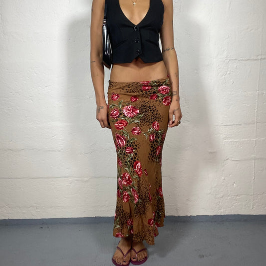 Vintage 2000's Summer Vacy Rusty Orange Maxi Skirt with Floral and Leo Print (S)