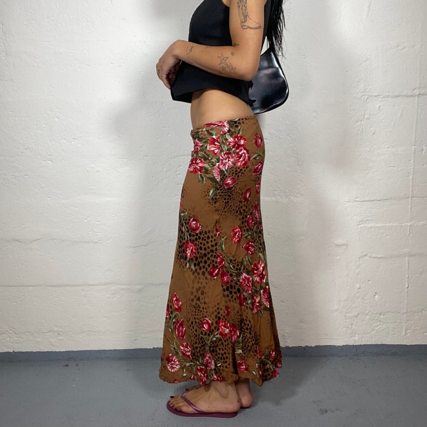 Vintage 2000's Summer Vacy Rusty Orange Maxi Skirt with Floral and Leo Print  (S)