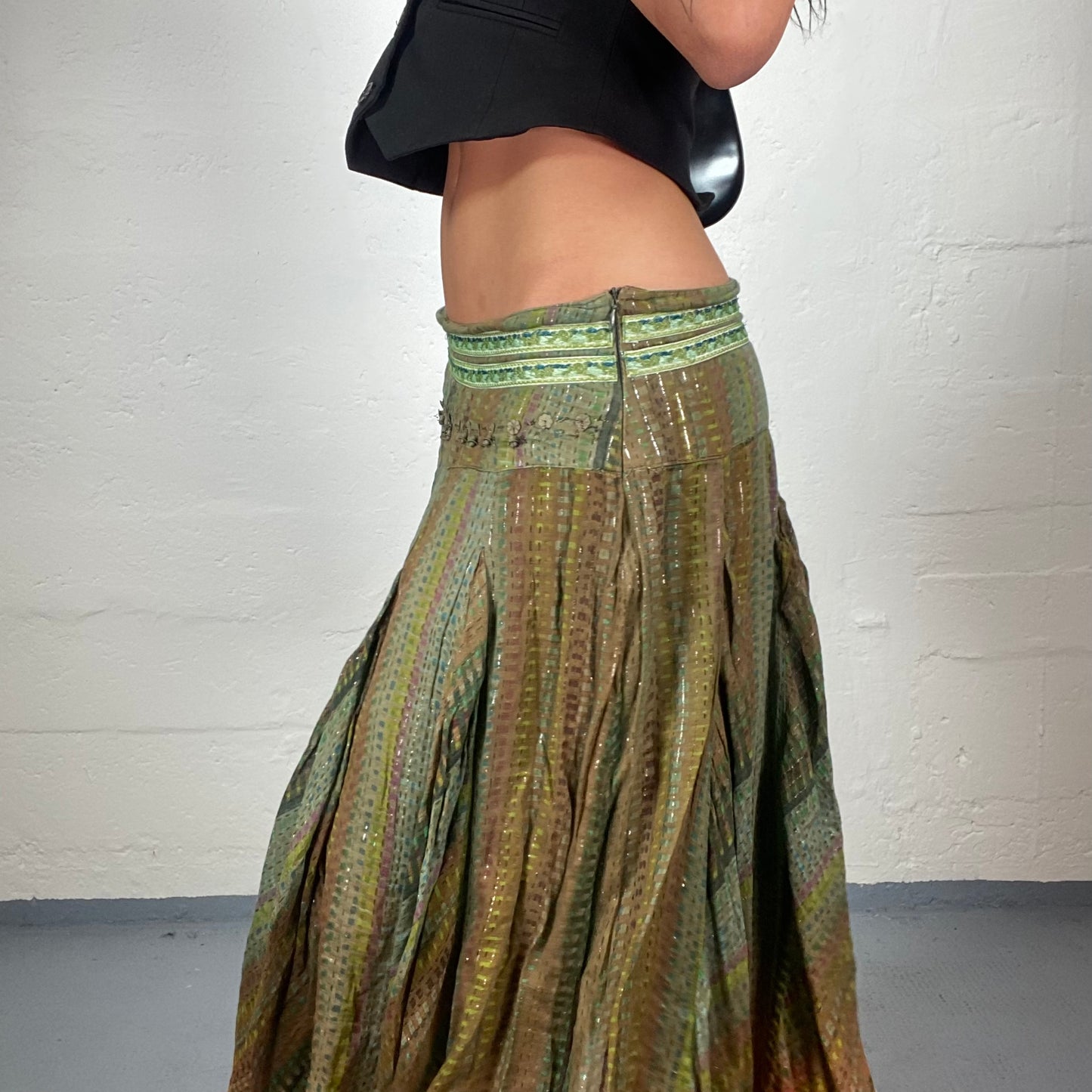 Vintage 90's Hippie Green and Orange Maxi Skirt with Asymmetrical hem and Beaded Waist Detail (S/M)